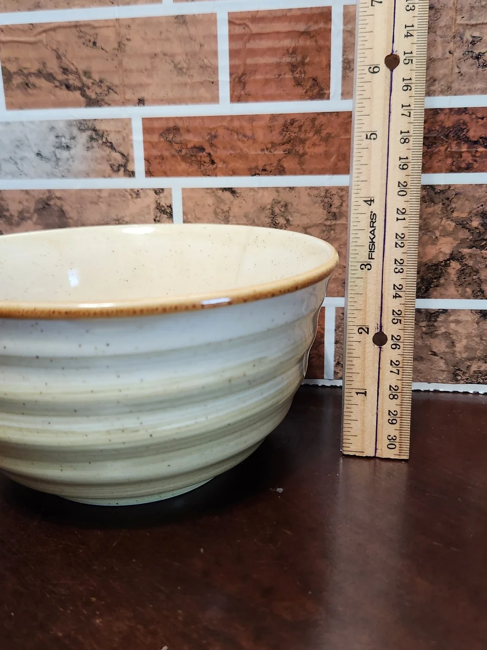 Gibson Cream and Tan Glazed Ceramic Serving Bowl
